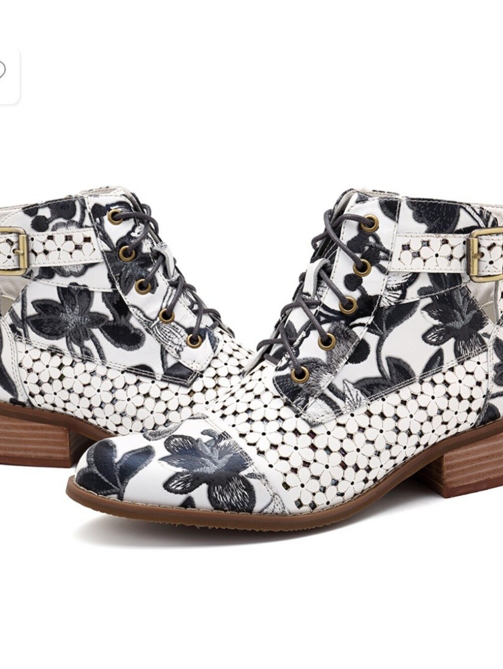 Socofy Handmade Ink Painting Floral Splicing Leather Ankle Boots